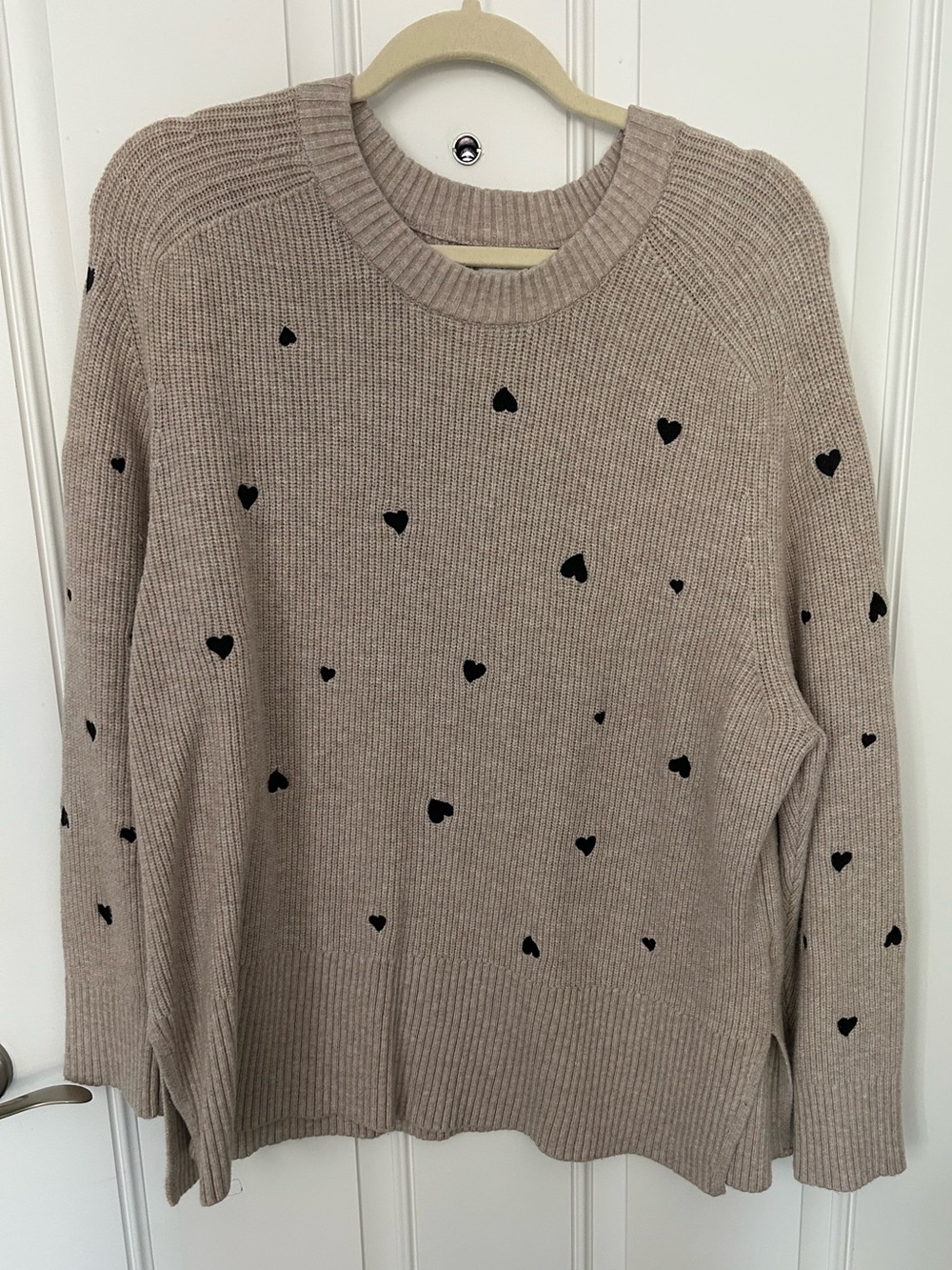 a new day Taupe Knit Sweater with Black Heart Accent